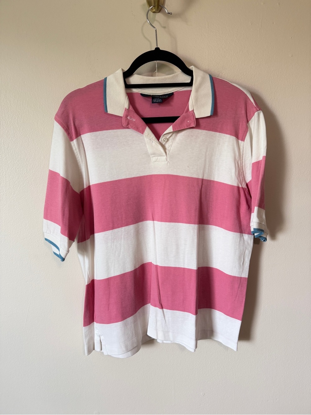 vintage lands end blue pink white stripe polo rugby top 100% cotton size Large